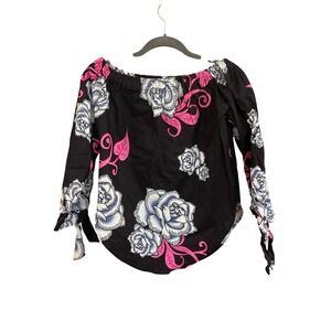Womens Top Off Shoulder Floral Long Sleeve Black Pink White Small‎ Bohoj